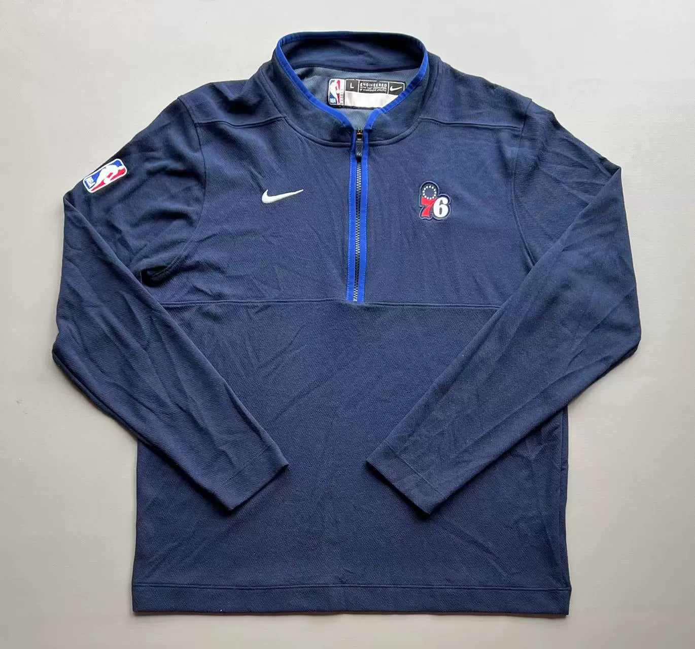 Men's Nike GAME USED Navy Philadelphia 76ers Authentic Performance - Half-Zip Top